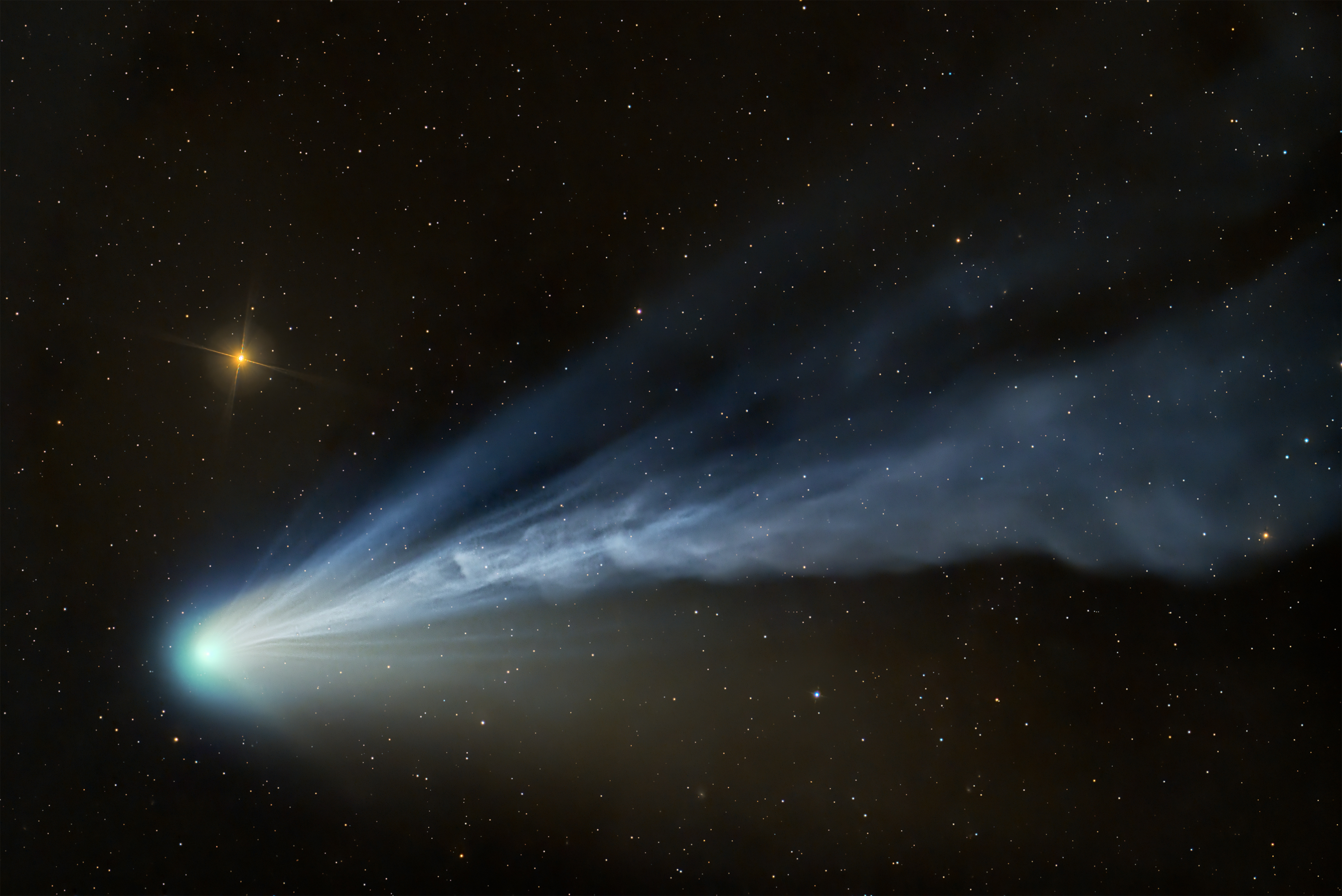 the comet's core and its turbulen tail are visible in this detailed image.